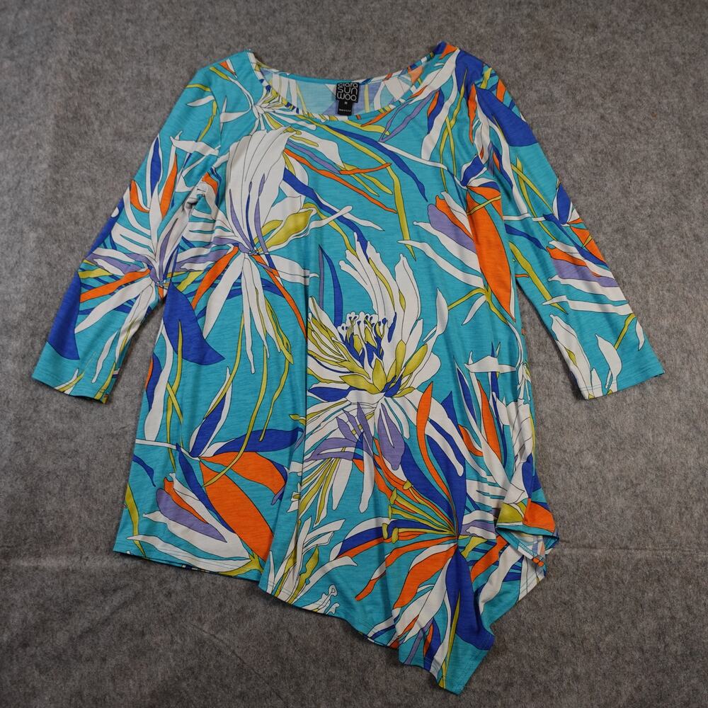 Clara Sun Woo Top Women Medium Tunic Asymmetrical Hem Tropical Floral Multicolor